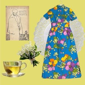 Handmade 70s Floral Blue Maxi Dress